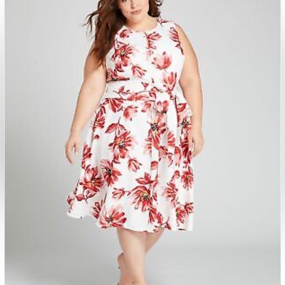 Lane Bryant Red Floral Fit & Flare Dress Tie Waist Spring Summer Easter Dress 14